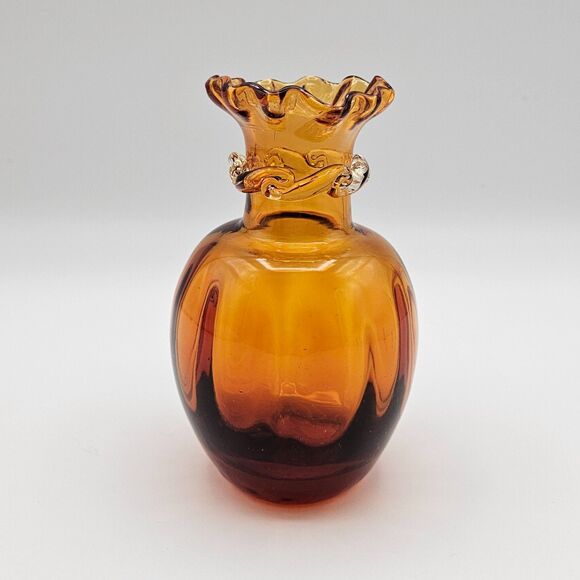 Pilgrim Glass Bud Vase Honey Amber Hand Blown Art Glass Ruffle Rim Vintage - Picture 2 of 10